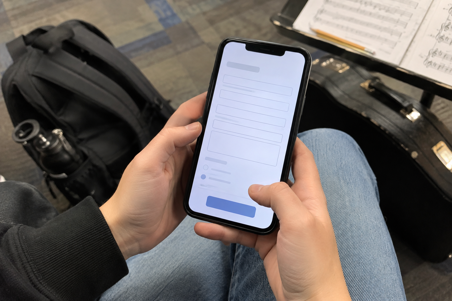 A phone held beside a musical score