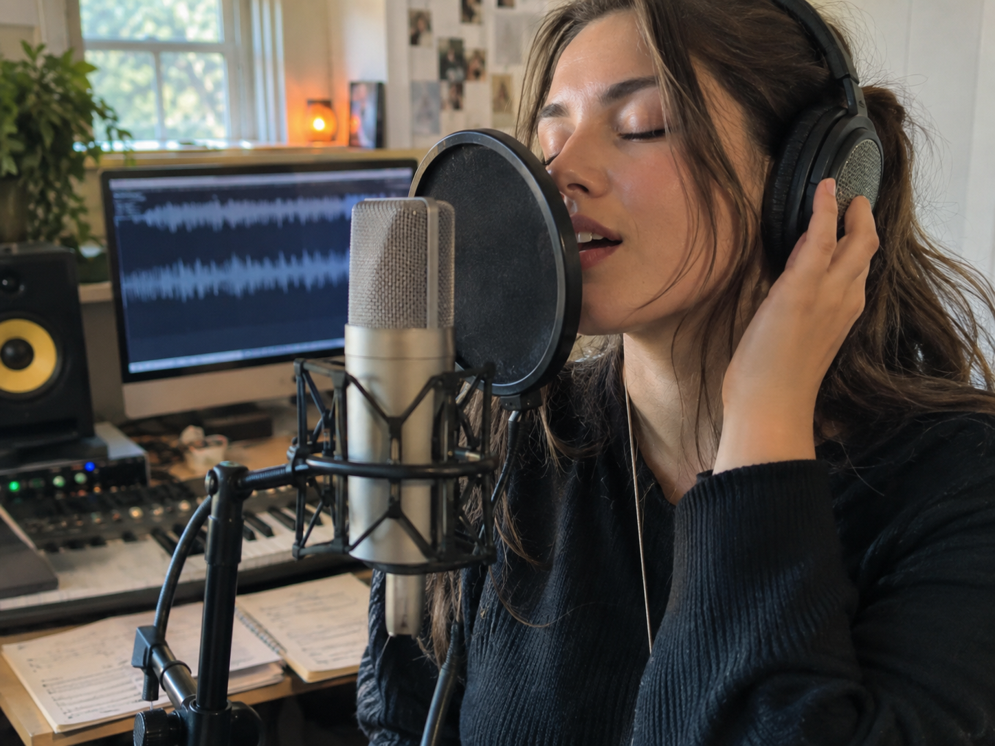 A singer using a microphone and headphones beside a computer