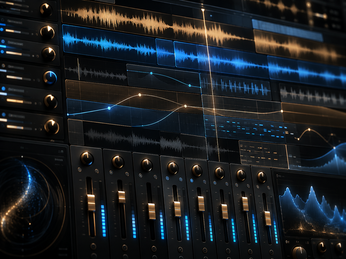An audio mixing console with a sound waveform