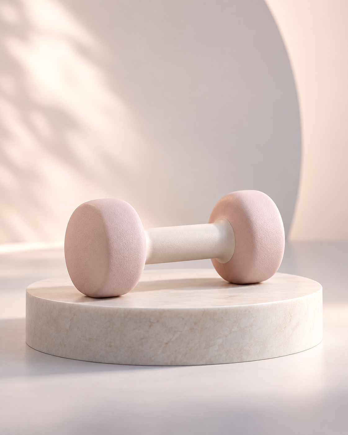 A small pink dumbbell on a display pedestal