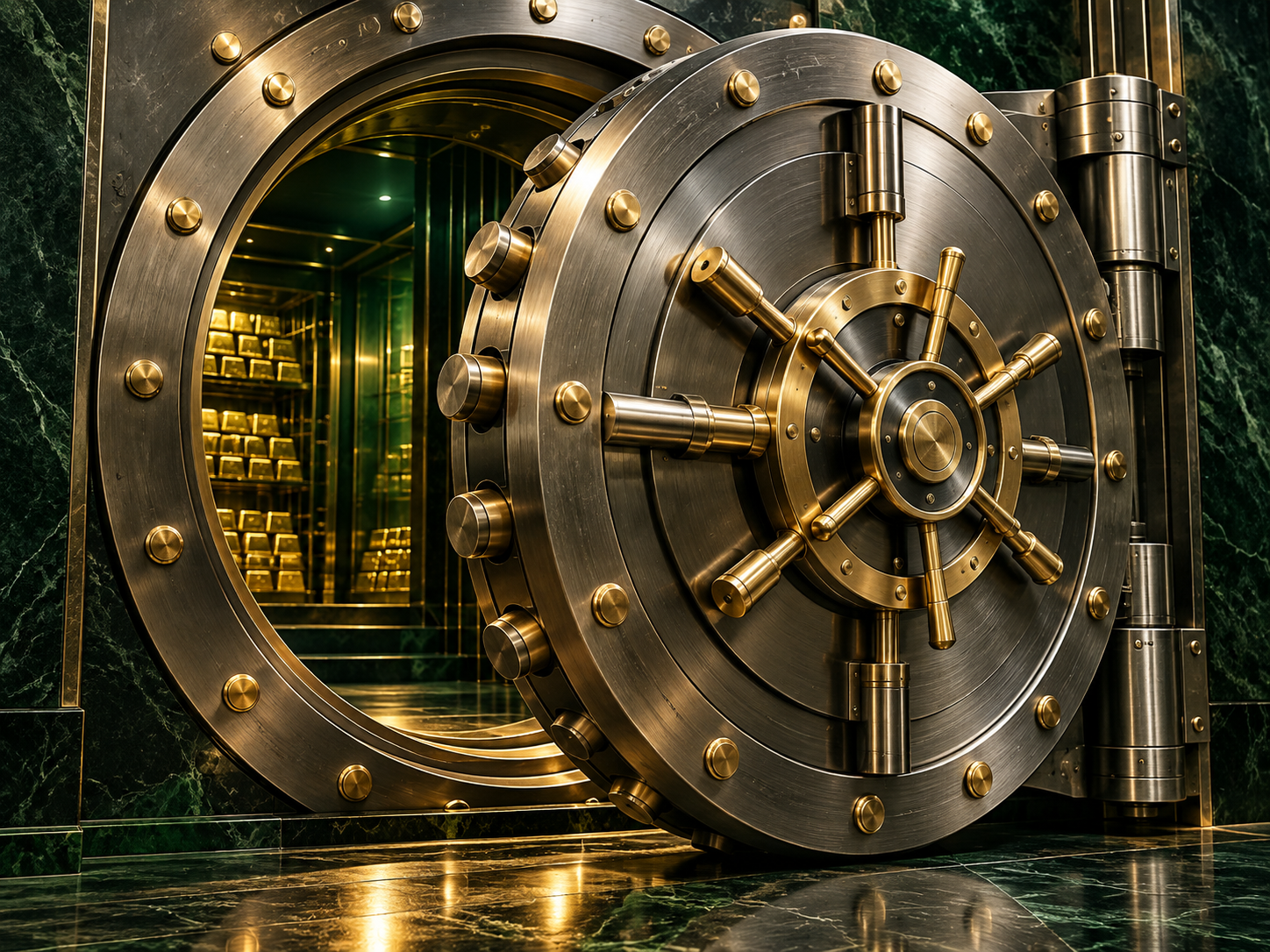 An open vault containing gold bars
